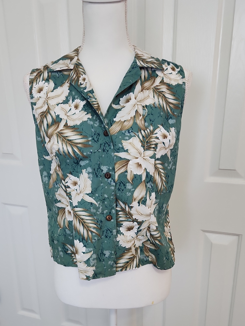 KY'S Vintage Tropical Hawaiian Button Down Top Orchids 100% Cotton S